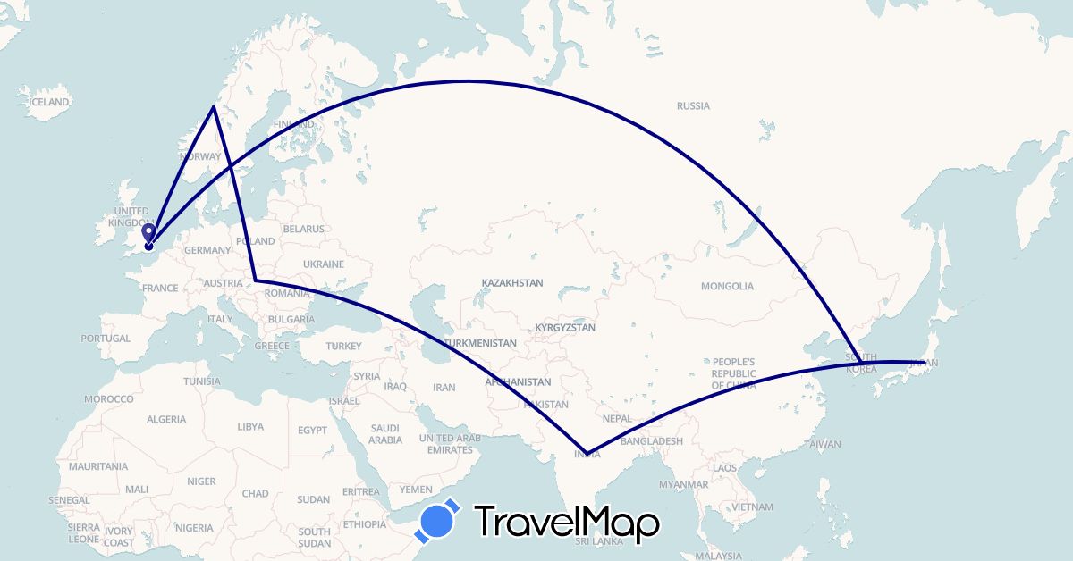 TravelMap itinerary: driving in United Kingdom, Hungary, India, Japan, South Korea, Norway, Sweden (Asia, Europe)